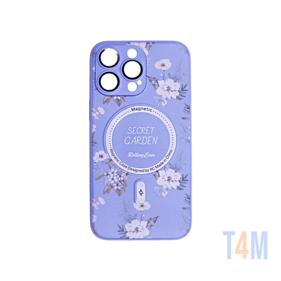 Capa Magnetic com Desenho De Flores para Apple iPhone 14 Pro Roxo